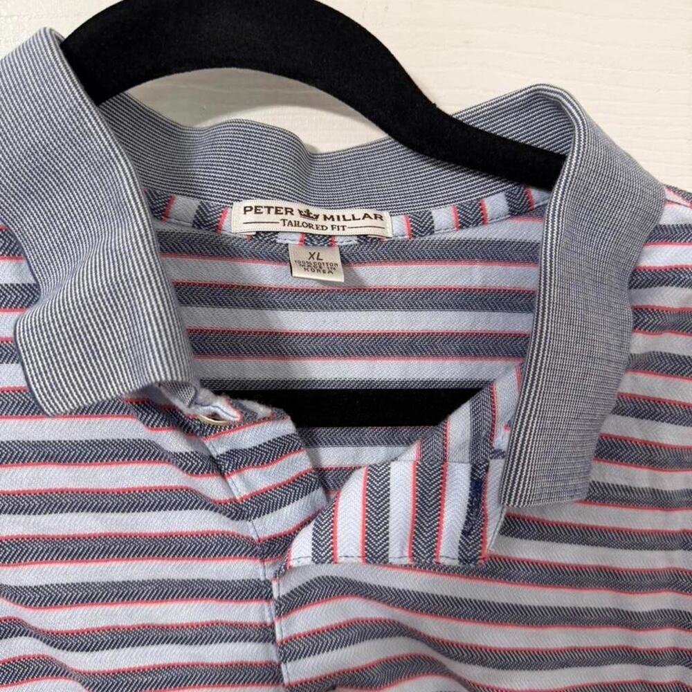 Peter Millar Polo Shirt Mens Large XL Purple Gray Striped Cotton Ribbed Collar
